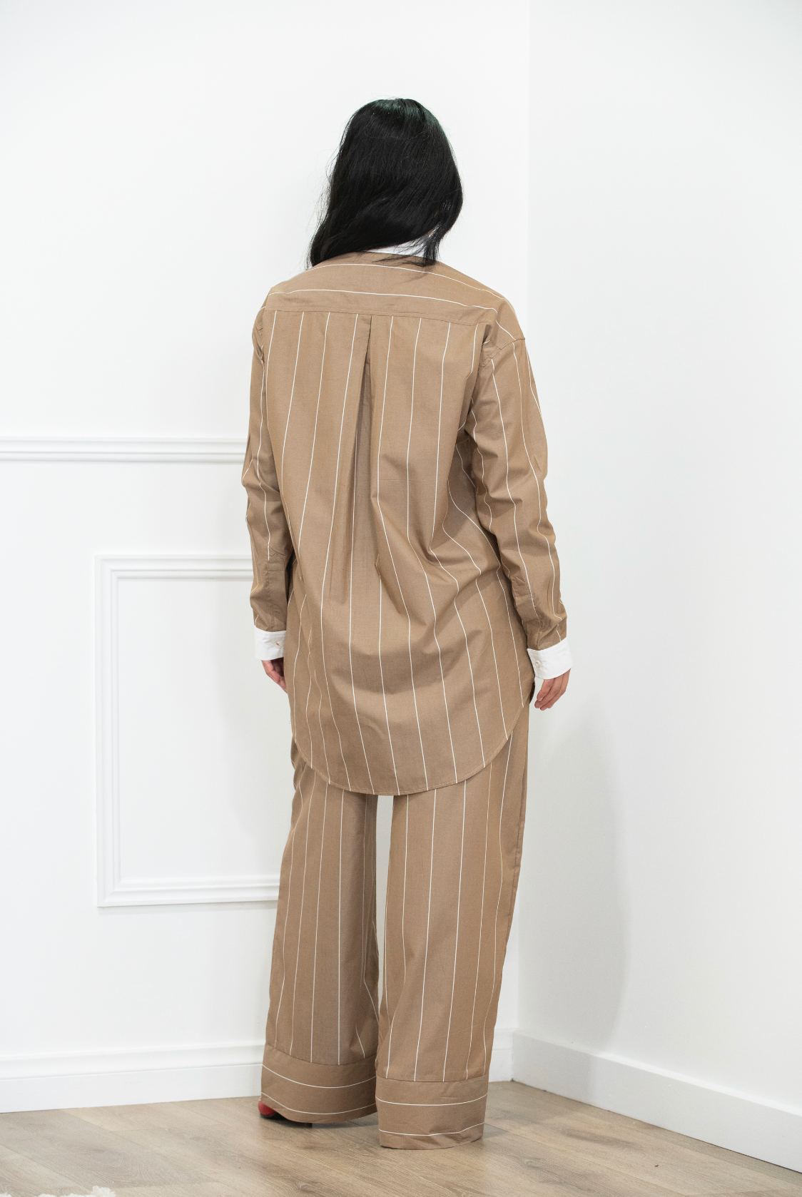 tan suit, pin stripe, pin stripe suit, matching sets, on trend fashion, pinstripe shirt, matching pants